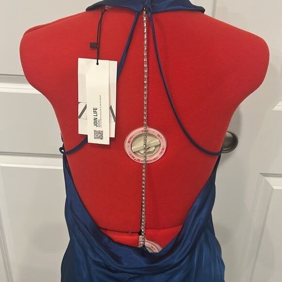 NWT Zara Midnight Blue Halter Open Back Jewel Chain Party Dress Size Large - Picture 6 of 9